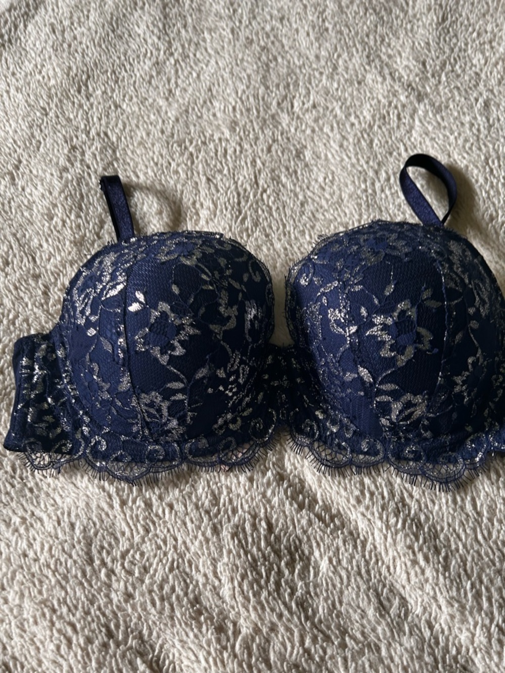 Victoria's Secret Navy and Silver Lace Balcony Bra